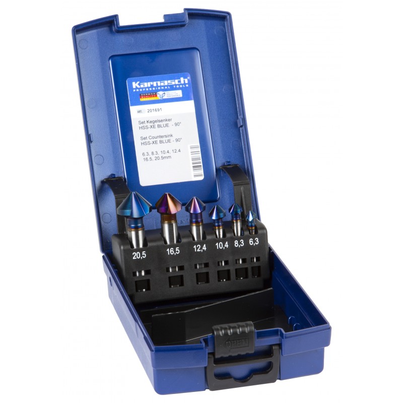 6 dalių kūginių galvučių rinkinys su „Karnasch Countersink 90° HSS-Xe Blue-Tec" danga 